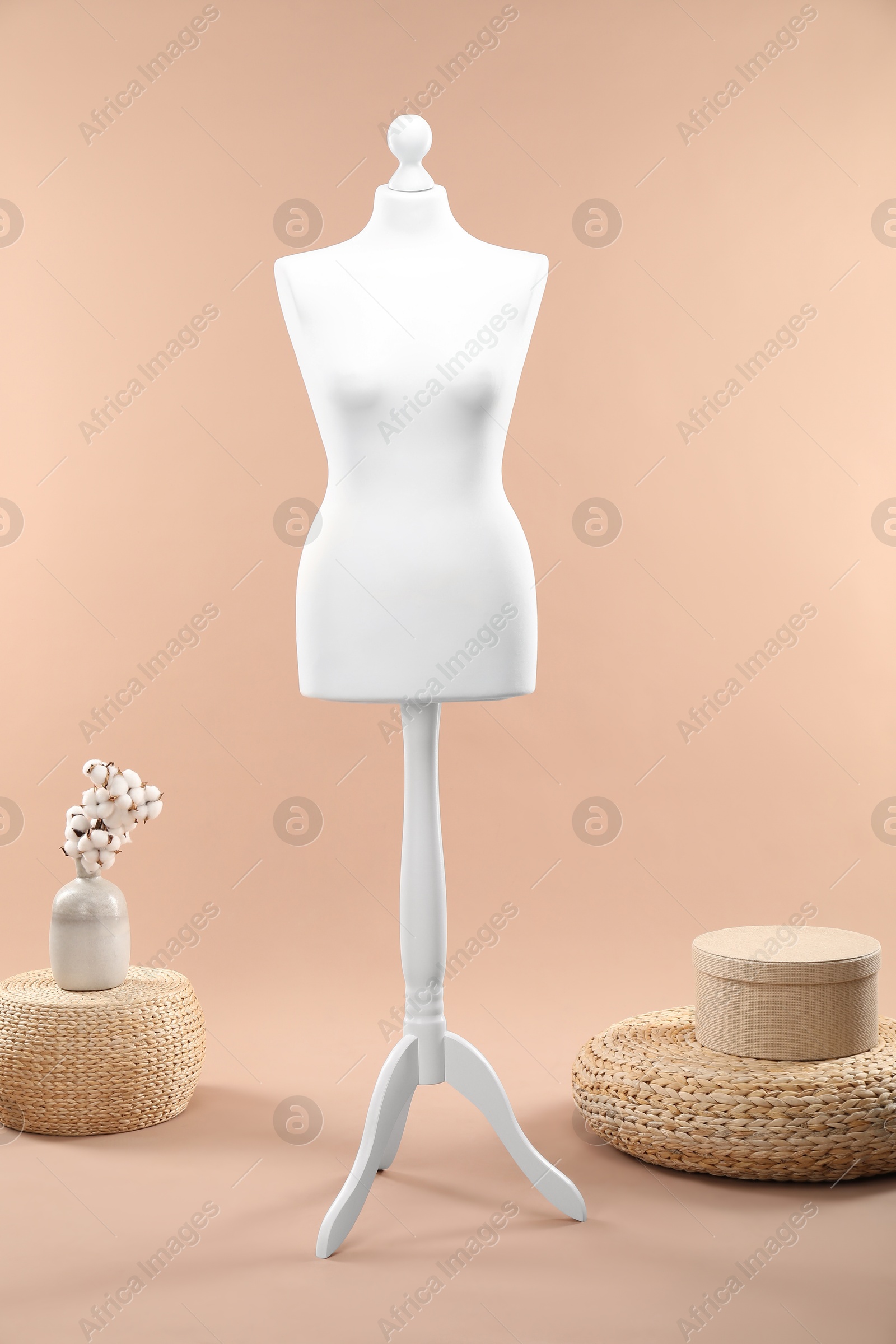 Photo of Female mannequin, poufs, box and vase with cotton flowers on beige background