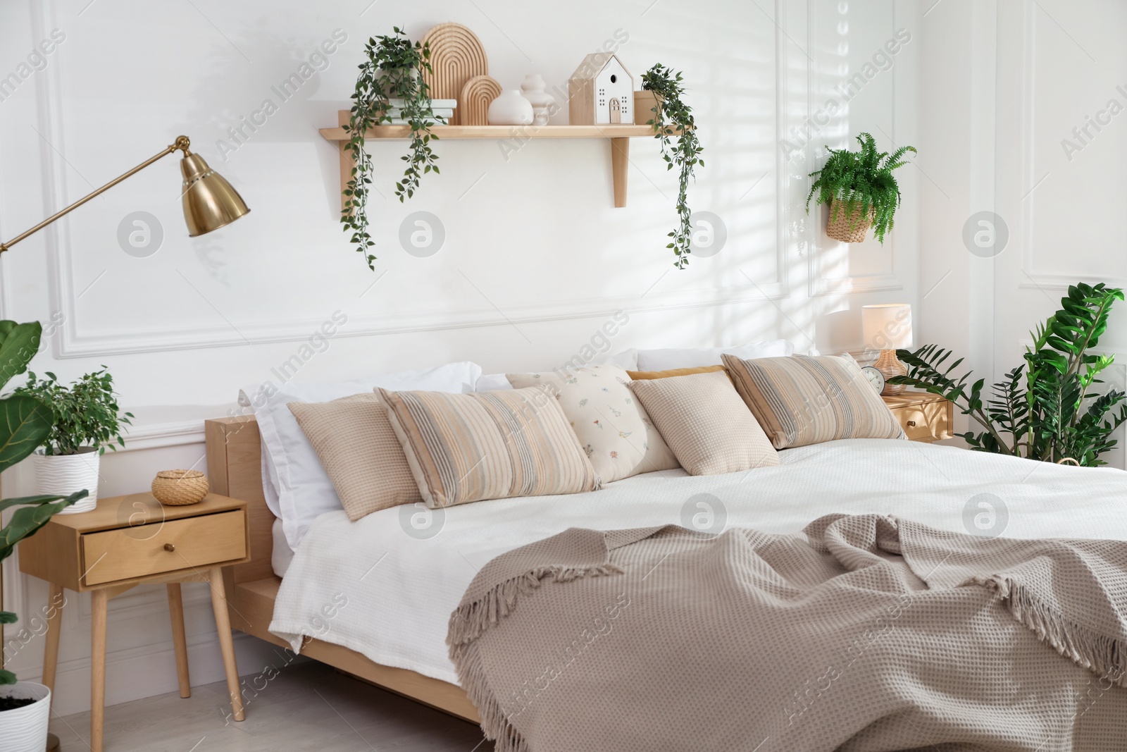 Photo of Stylish bedroom interior with large bed, houseplants and decorative elements