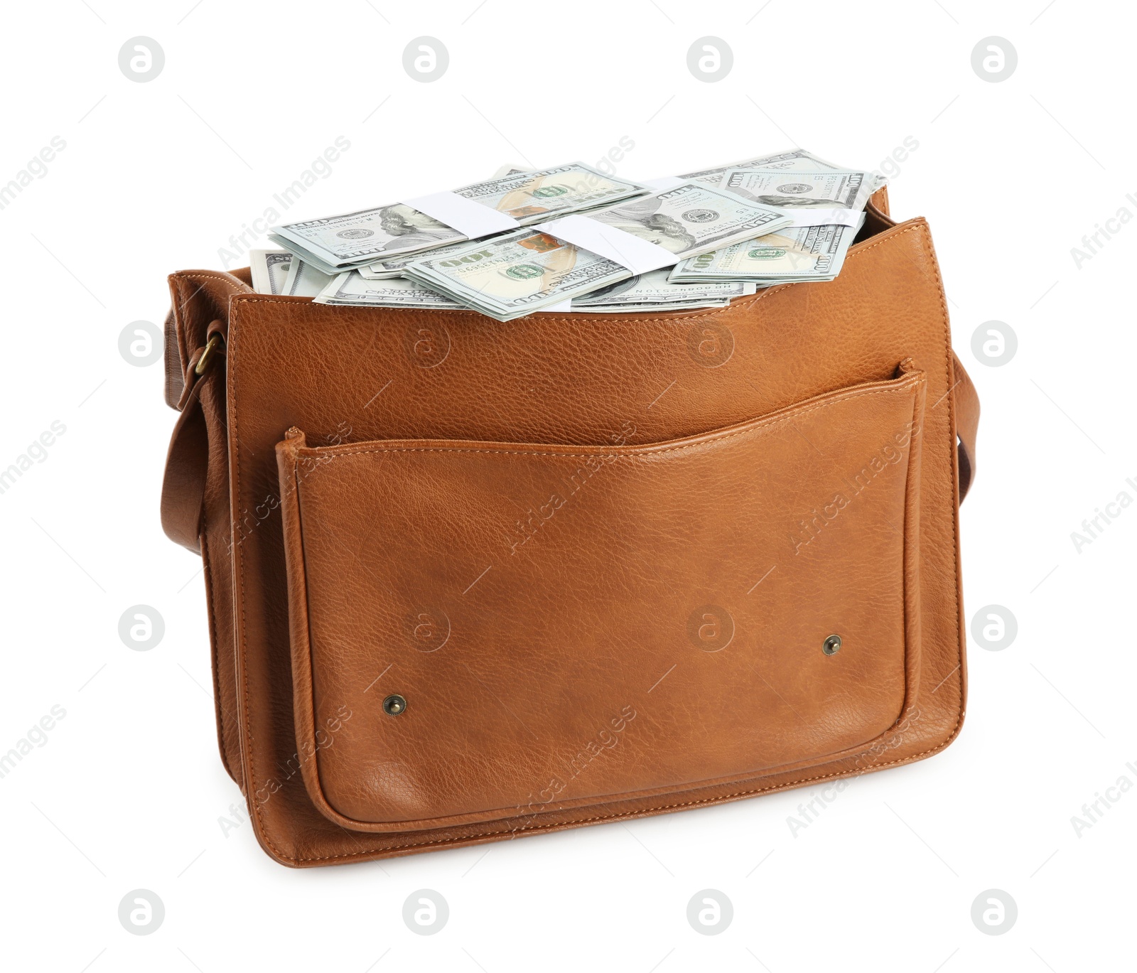 Photo of Dollar banknotes in leather bag isolated on white