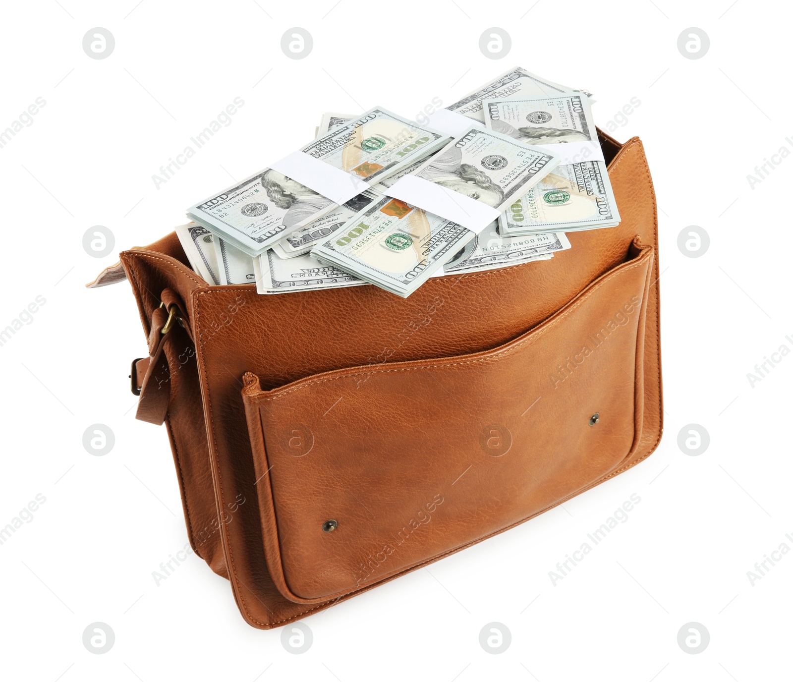 Photo of Dollar banknotes in leather bag isolated on white