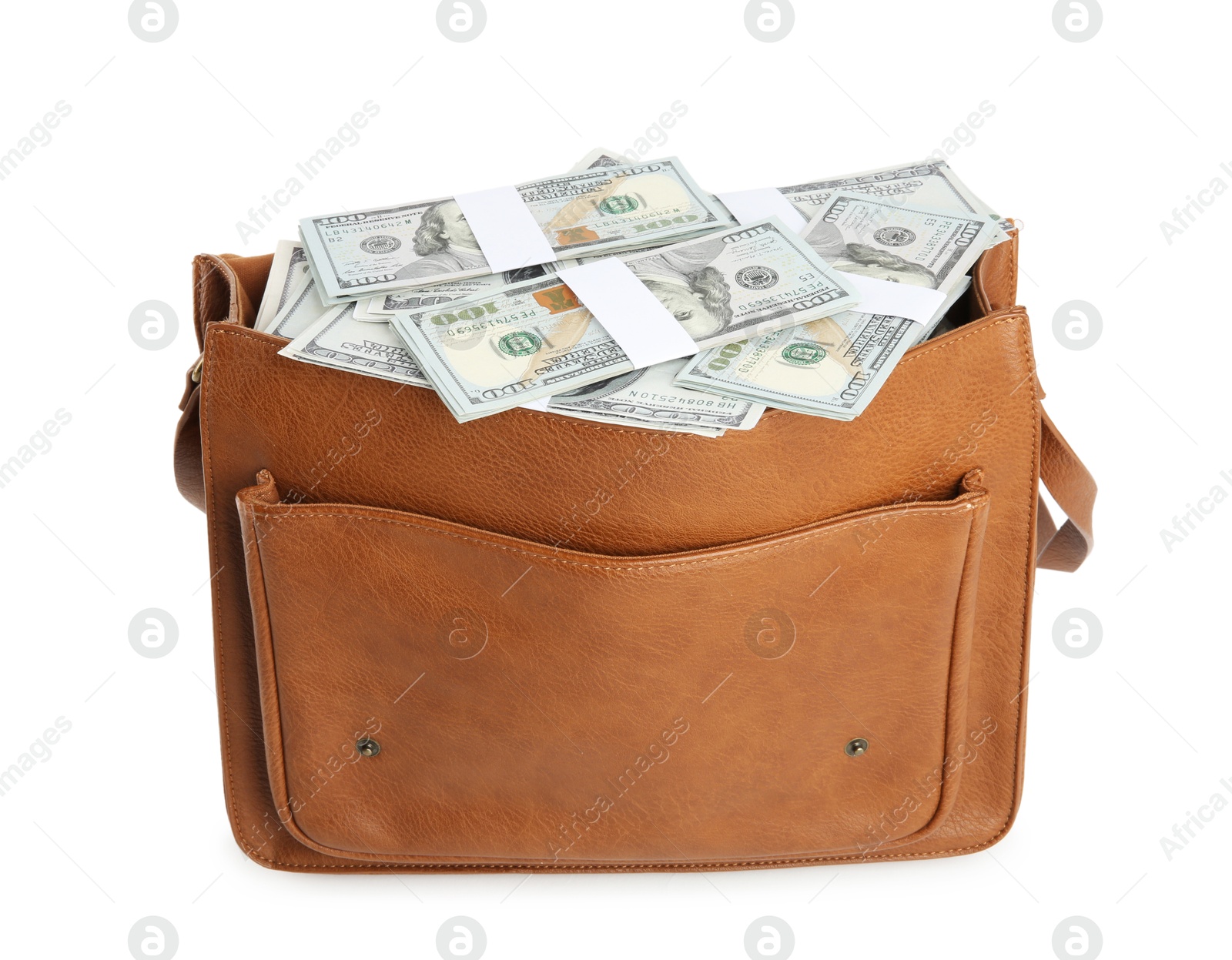 Photo of Dollar banknotes in leather bag isolated on white