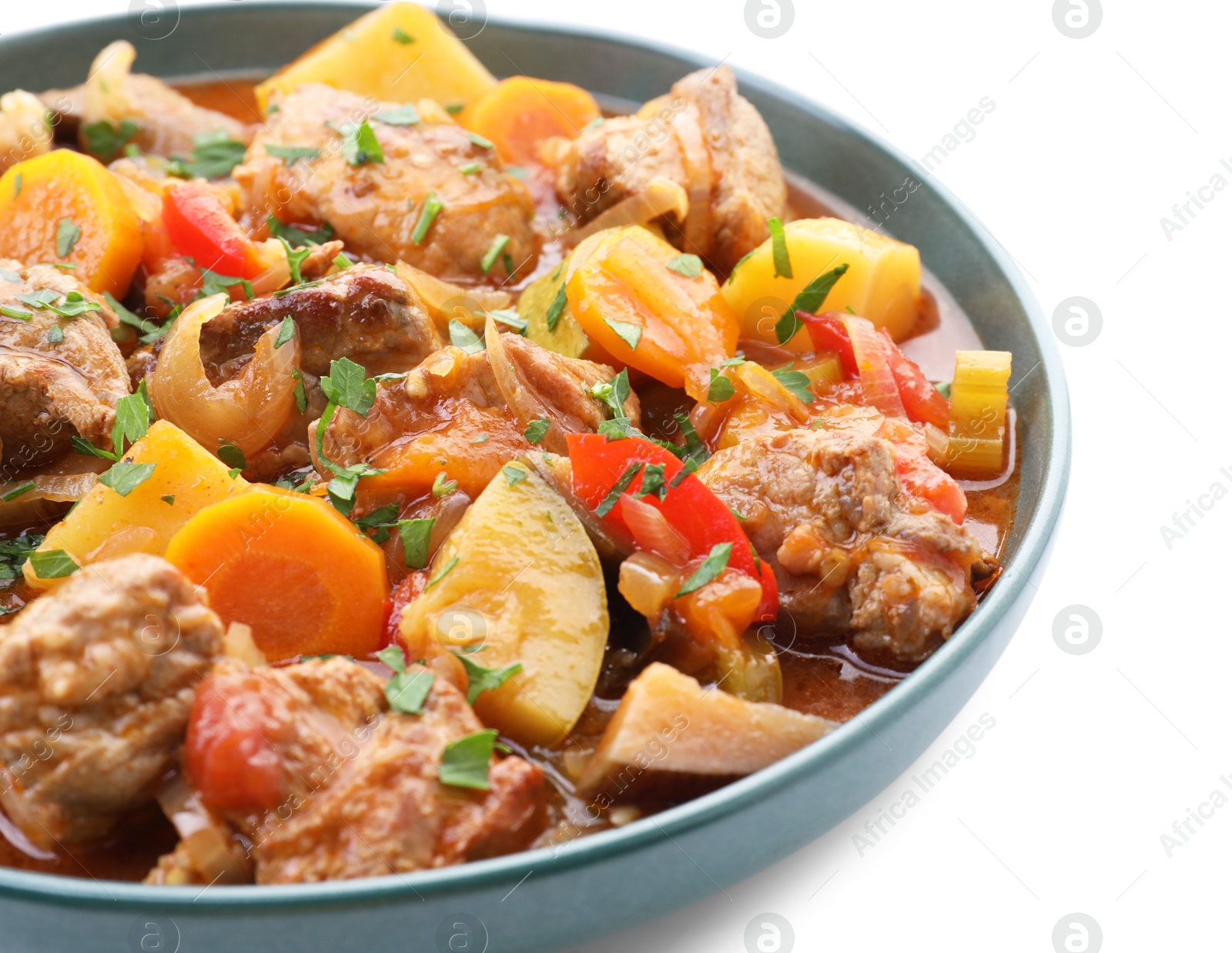 Photo of Delicious stew with vegetables isolated on white