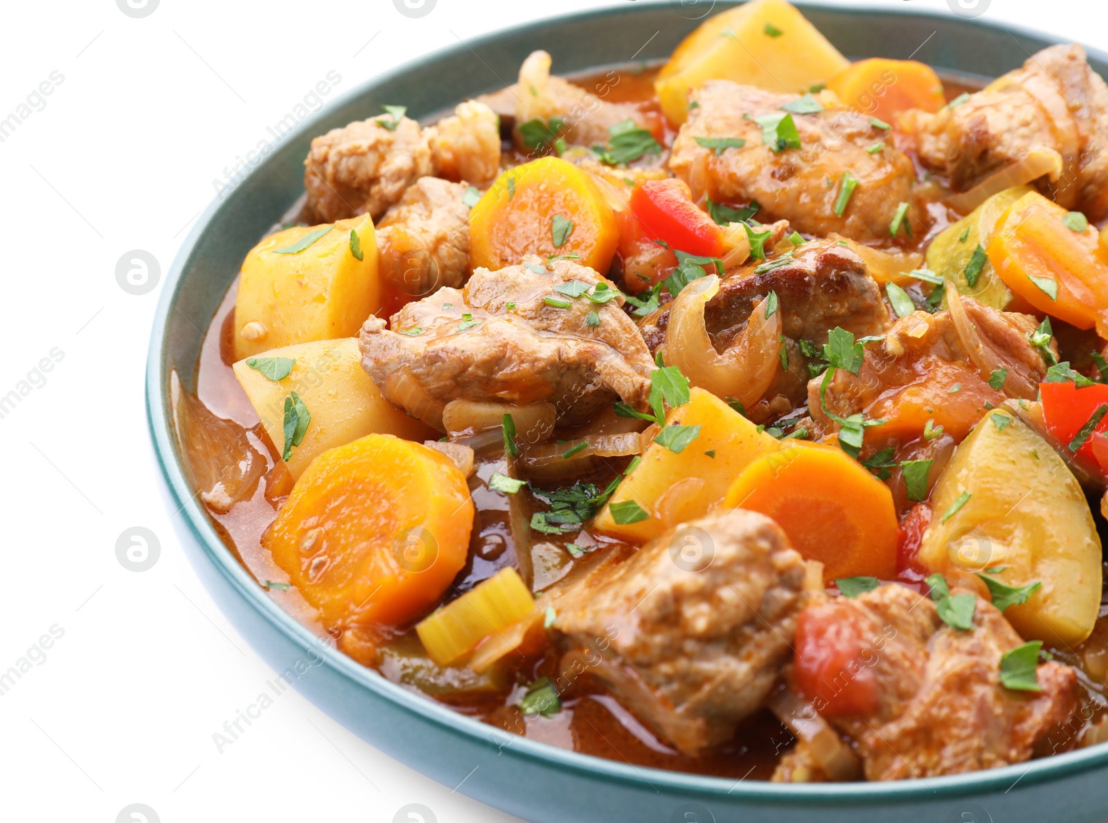 Photo of Delicious stew with vegetables isolated on white