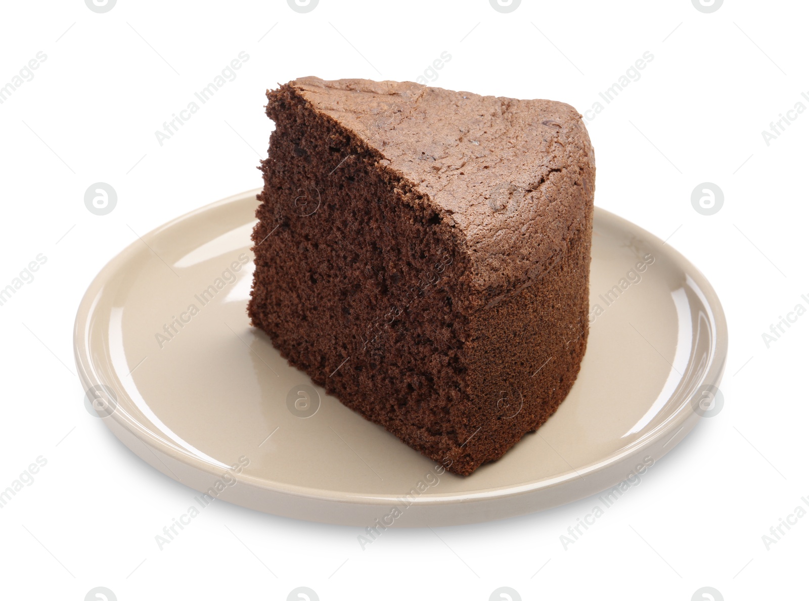 Photo of Plate with piece of chocolate sponge cake isolated on white