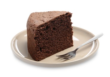 Photo of Plate with piece of chocolate sponge cake and fork isolated on white