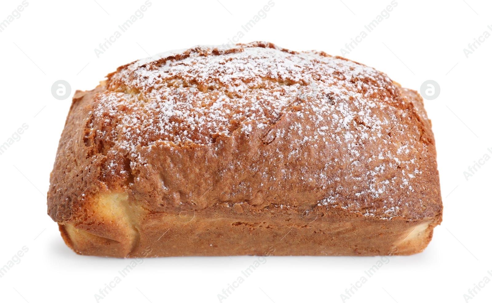 Photo of One tasty sponge cake with powdered sugar isolated on white