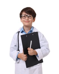 Photo of Boy with stethoscope and clipboard pretending to be doctor on white background. Dreaming of future profession