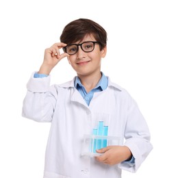 Boy with test tubes pretending to be scientist on white background. Dreaming of future profession