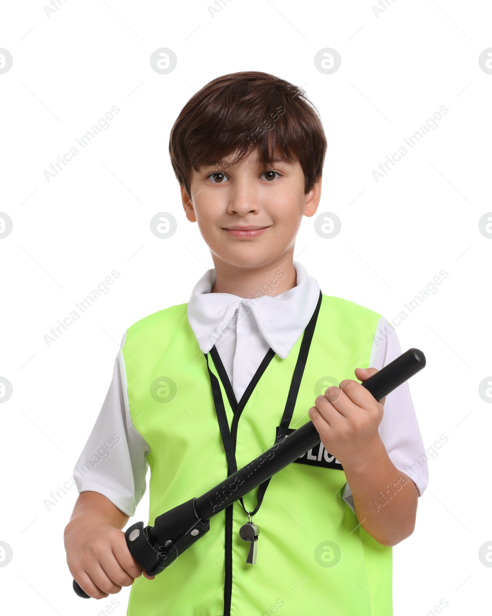 Photo of Boy pretending to be policeman on white background. Dreaming of future profession