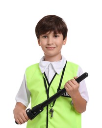 Boy pretending to be policeman on white background. Dreaming of future profession