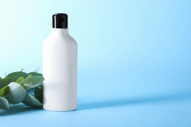 Photo of Shampoo in bottle and green eucalyptus leaves on light blue background, space for text