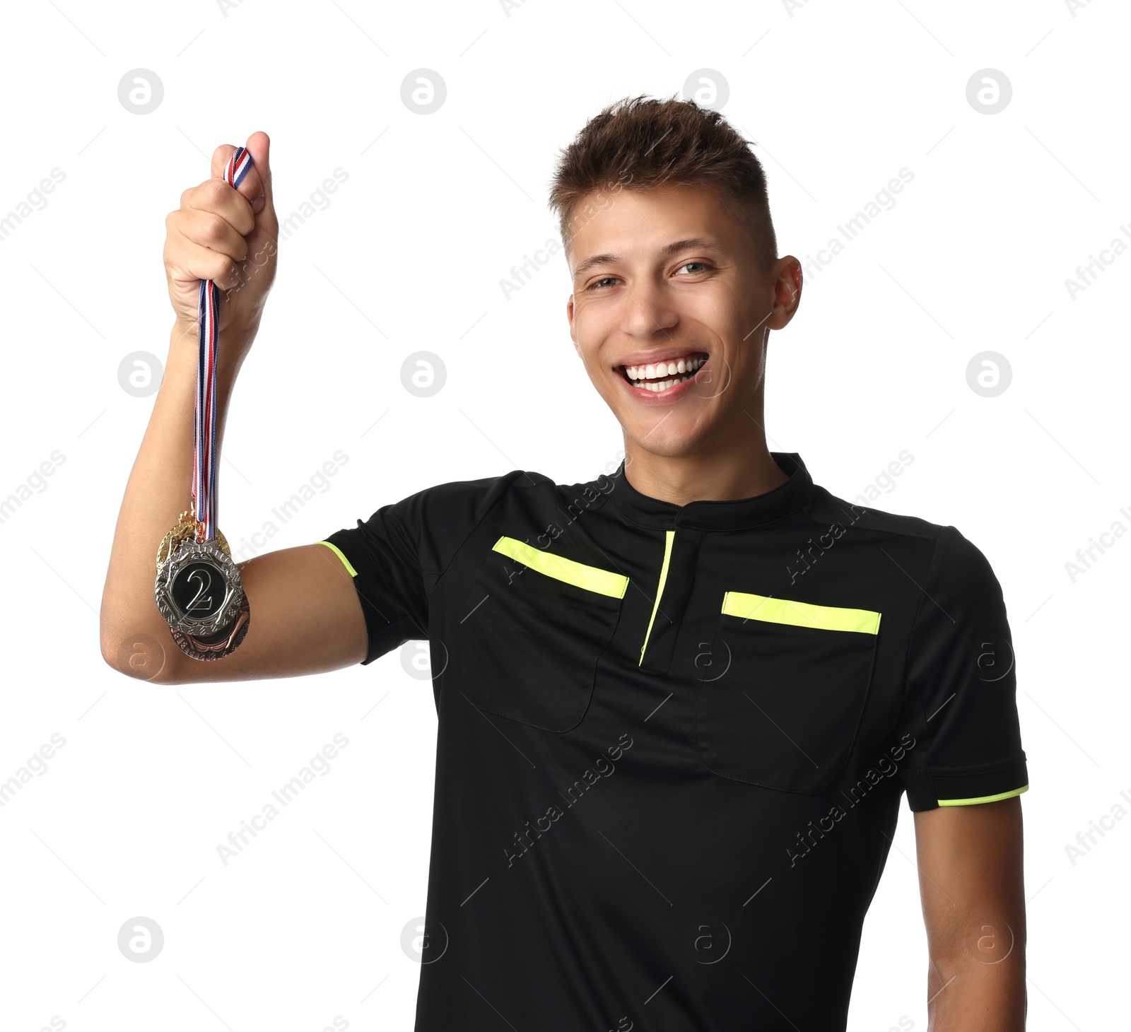 Photo of Happy winner with different medals on white background