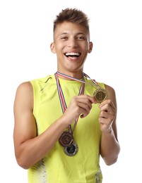 Happy winner with different medals on white background