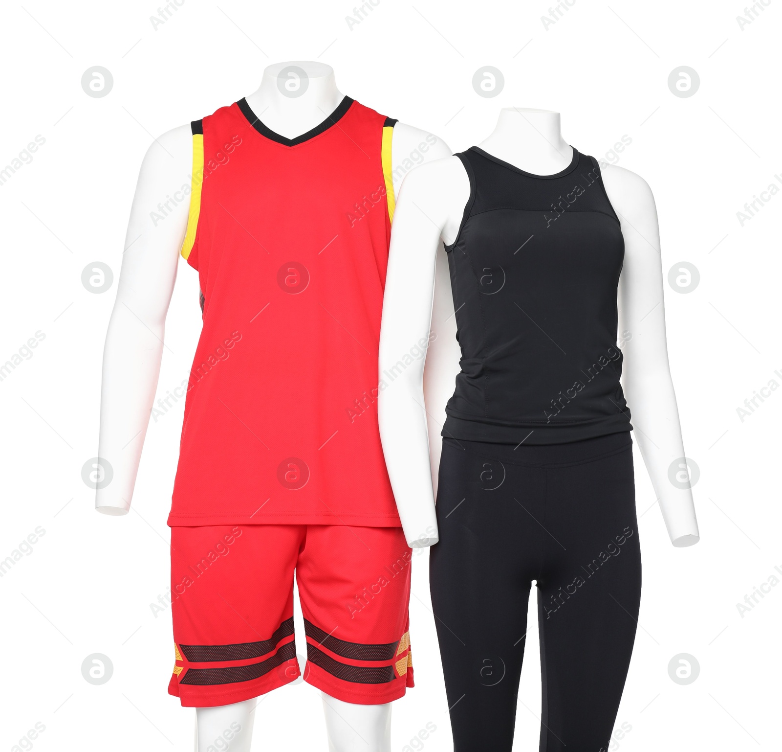 Photo of Female and male mannequins with stylish sports outfits isolated on white