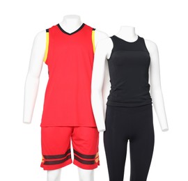 Photo of Female and male mannequins with stylish sports outfits isolated on white