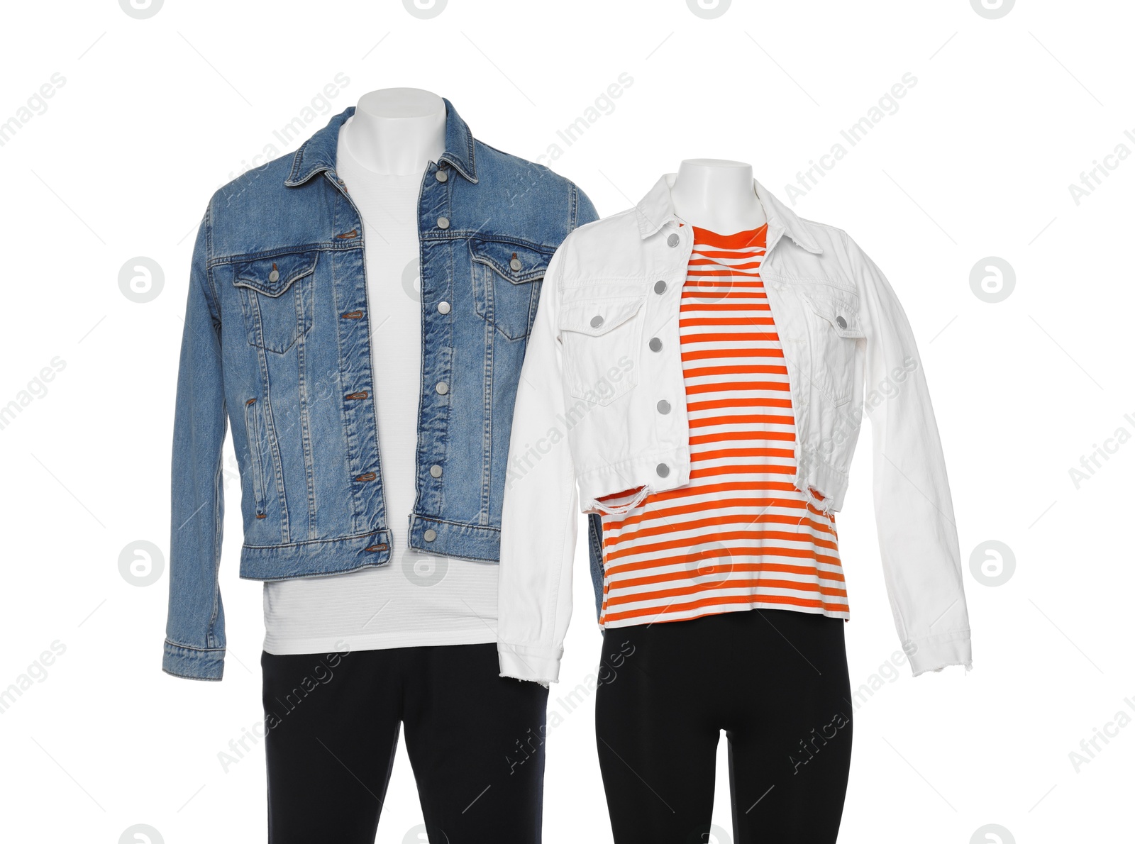 Photo of Female and male mannequins with stylish outfits isolated on white