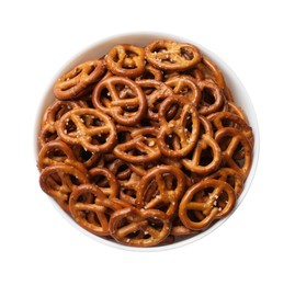 Photo of Delicious pretzel crackers in bowl isolated on white, top view