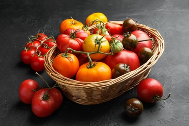 Photo of Basket with different ripe and unripe tomatoes on grey textured table