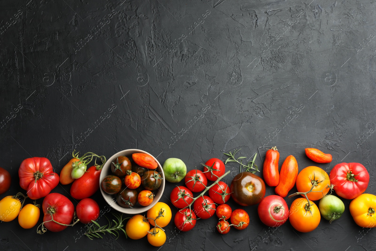 Photo of Different fresh tomatoes and rosemary on grey textured table, flat lay. Space for text