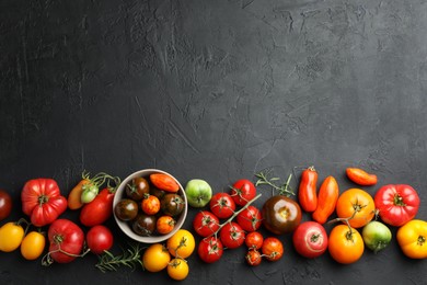 Photo of Different fresh tomatoes and rosemary on grey textured table, flat lay. Space for text