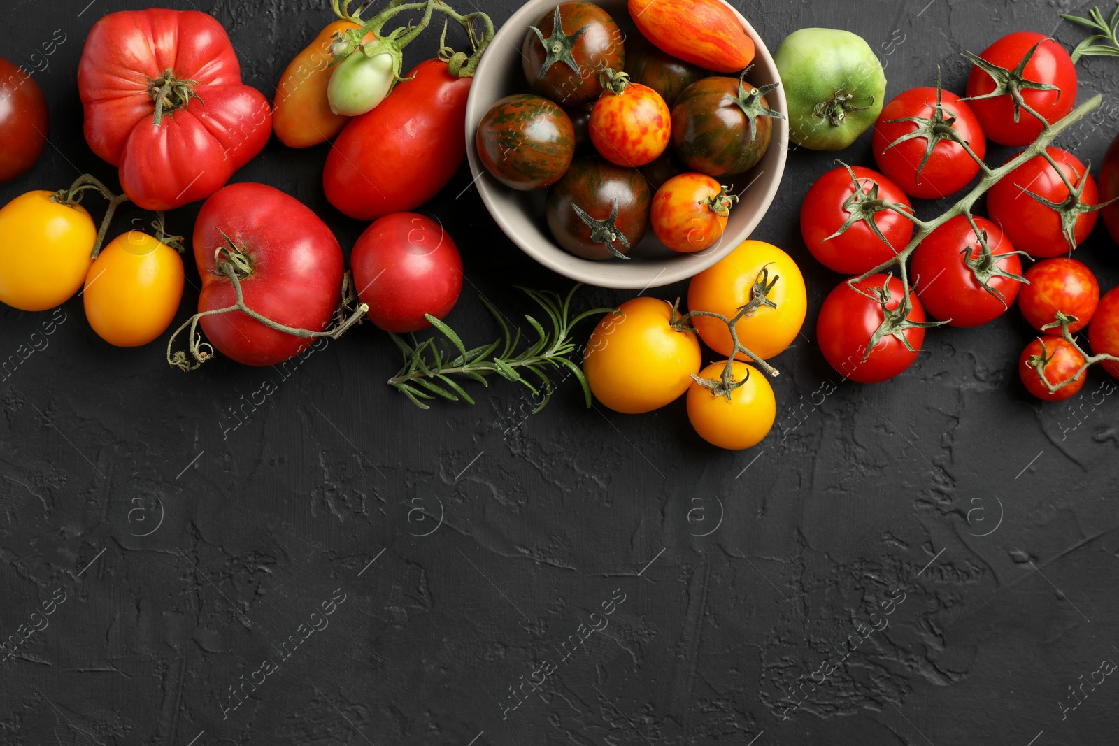 Photo of Different fresh tomatoes and rosemary on grey textured table, flat lay. Space for text