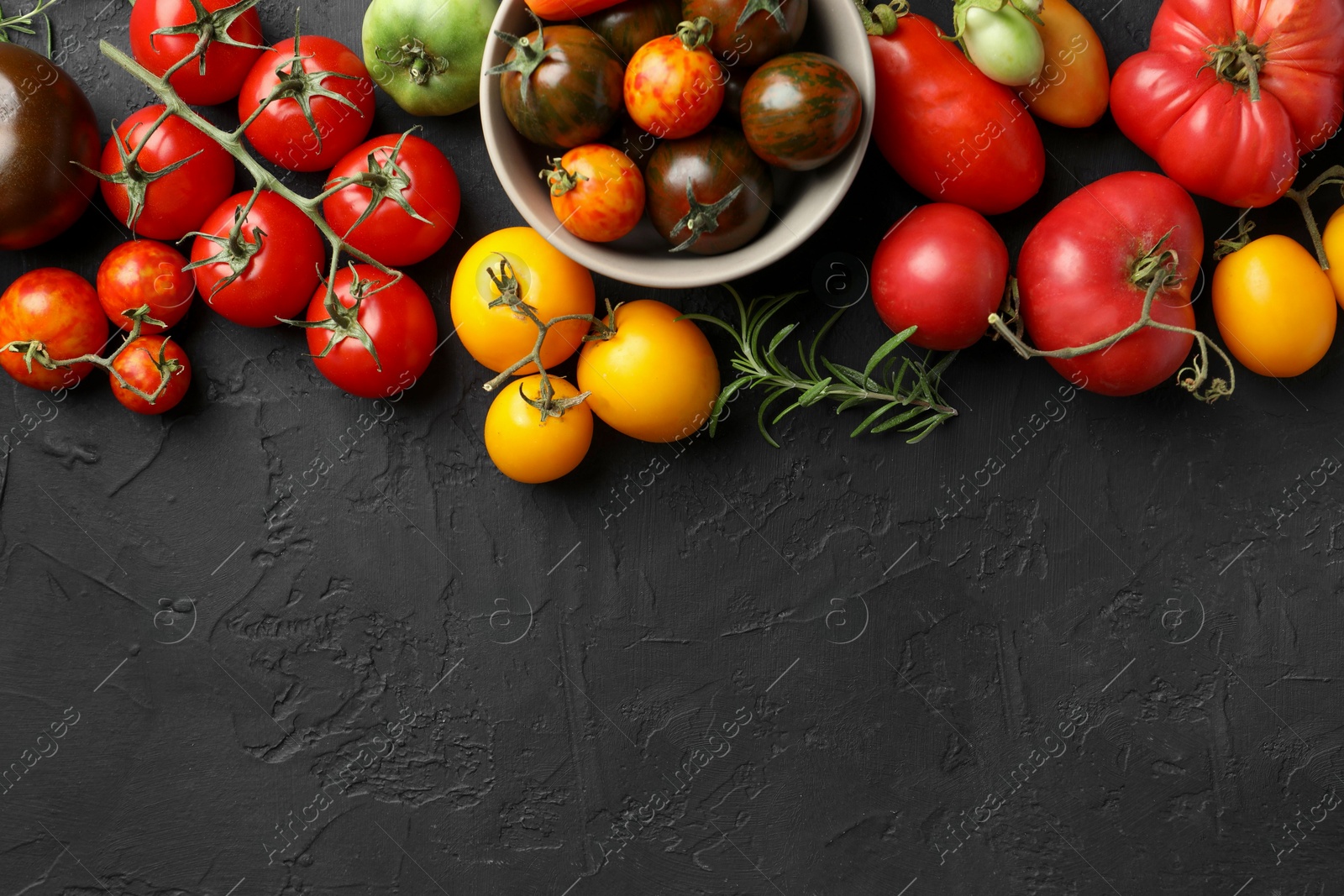 Photo of Different fresh tomatoes and rosemary on grey textured table, flat lay. Space for text