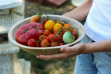 Photo of Woman holding bowl of different fresh tomatoes outdoors, closeup