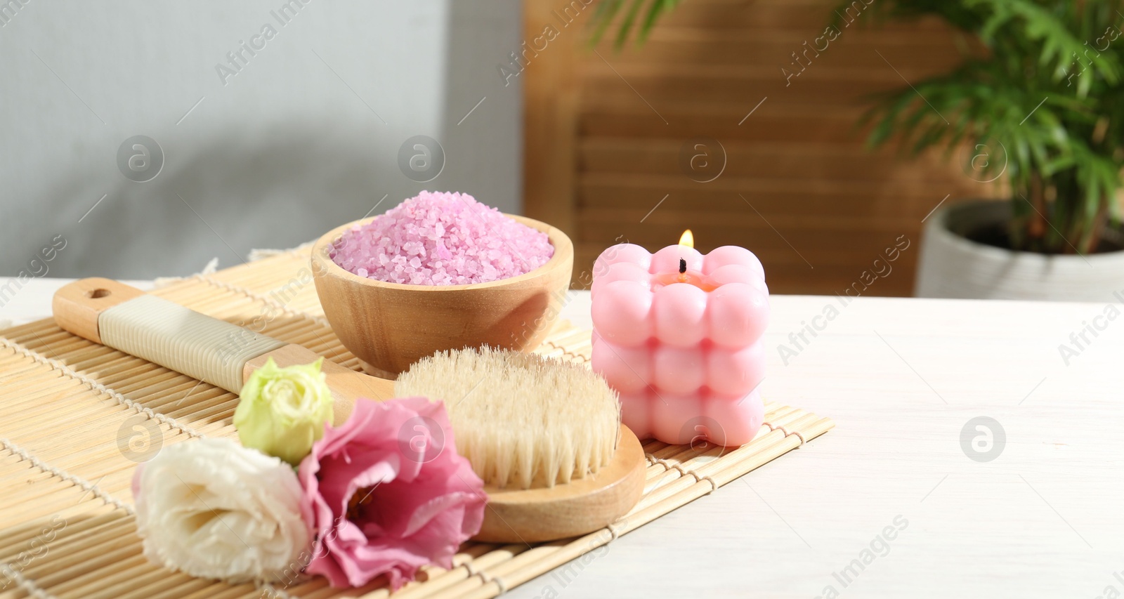 Photo of Composition with cosmetic products for spa treatment on white wooden table, space for text