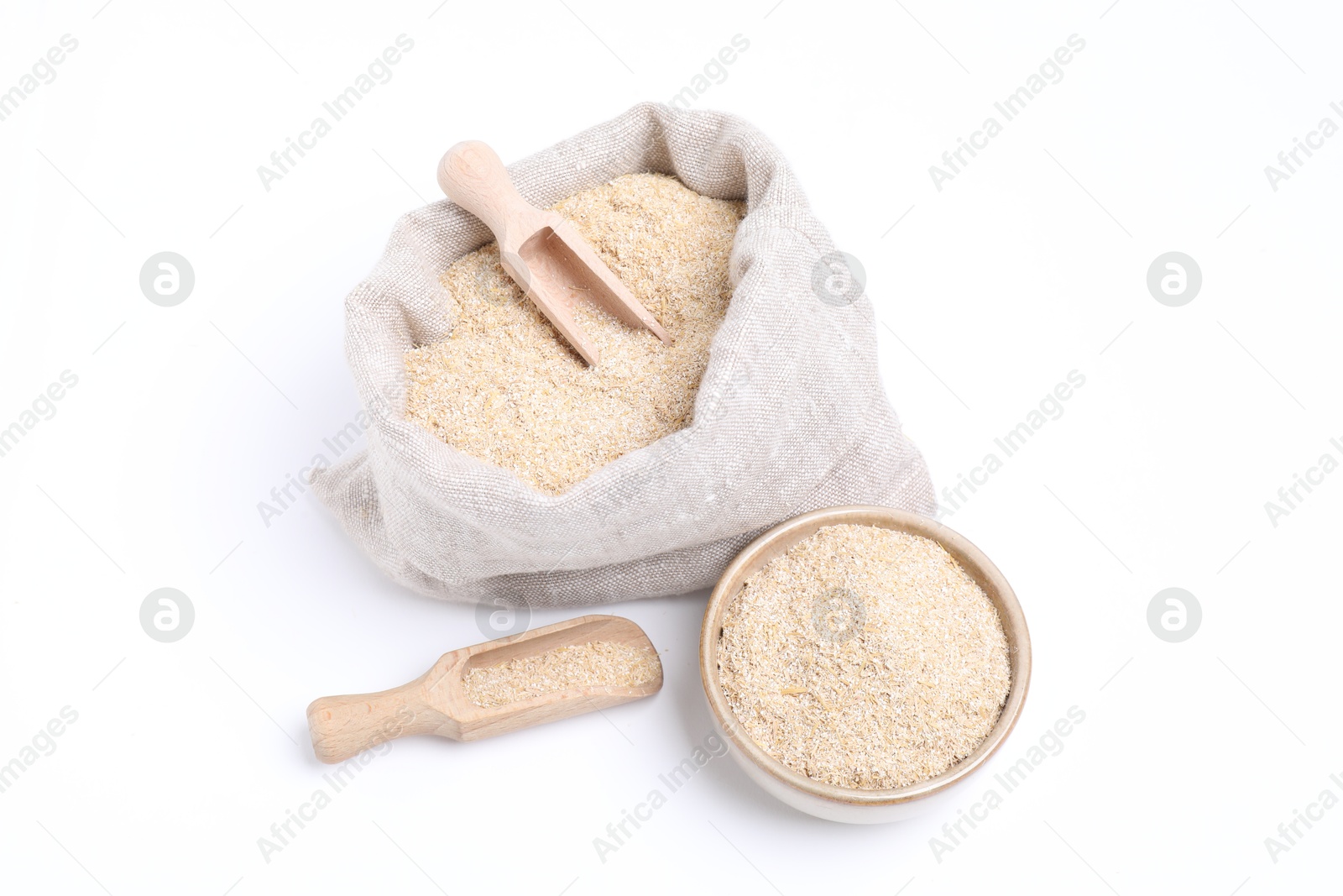 Photo of Oat bran in sack, bowl and scoop isolated on white