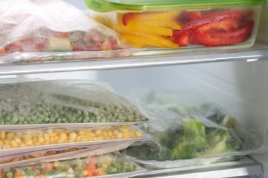 Photo of Plastic bags and glass container with different frozen vegetables in refrigerator, closeup