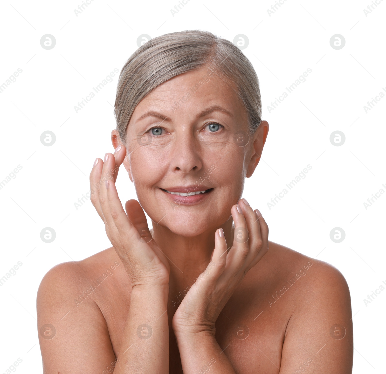 Photo of Face massage. Beautiful woman with healthy skin on white background