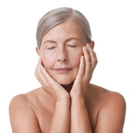 Face massage. Beautiful woman with healthy skin on white background