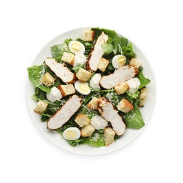 Photo of Tasty Caesar salad with chicken isolated on white, top view