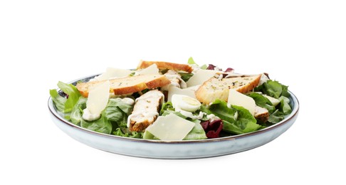 Photo of Tasty Caesar salad with chicken isolated on white