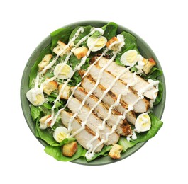 Photo of Delicious Caesar salad with chicken in bowl isolated on white, top view