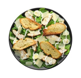 Photo of Delicious Caesar salad with chicken isolated on white, top view