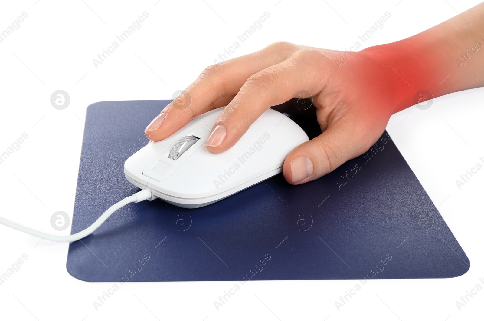 Image of Woman suffering from pain in wrist while using computer mouse on white background, closeup. Office work, Carpal tunnel syndrome