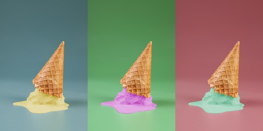 Melted ice cream and wafer cone on color background, collage