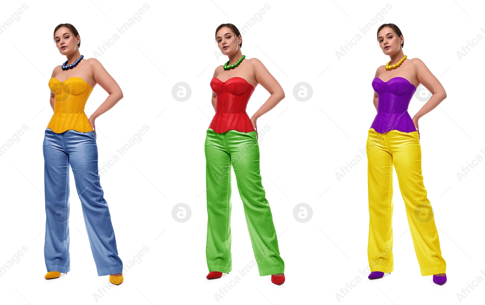 Image of Fashionable woman wearing corset and pants on white background, collage with different color combinations