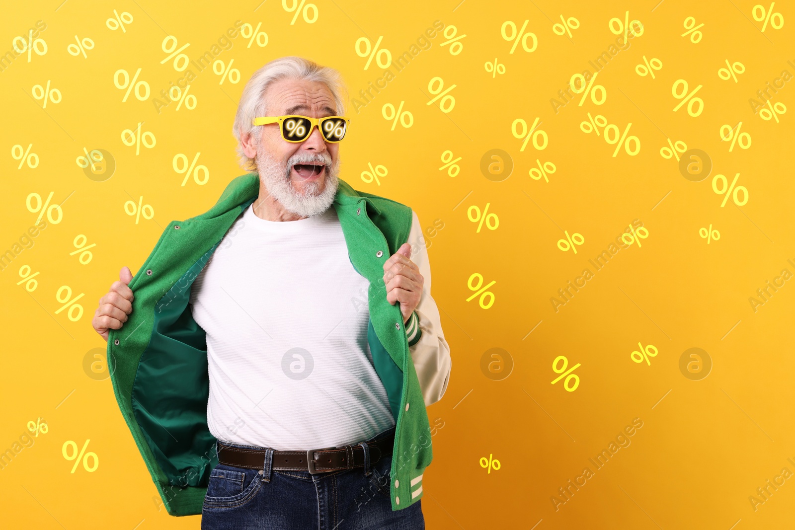 Image of Excited man with sunglasses on yellow background. Percent signs on lenses. Discount, hot offer