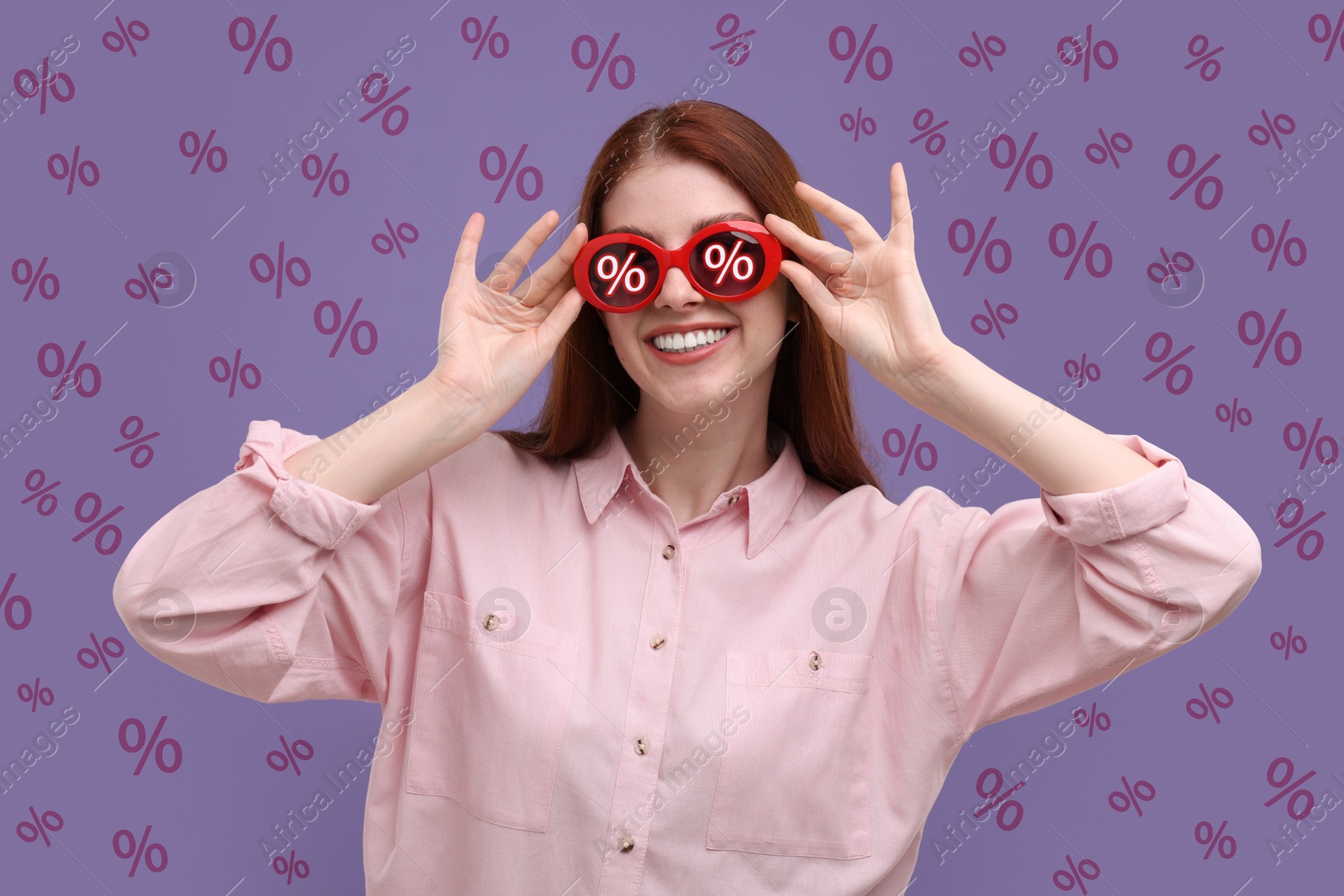 Image of Woman with sunglasses on color background. Percent signs on lenses. Discount, hot offer