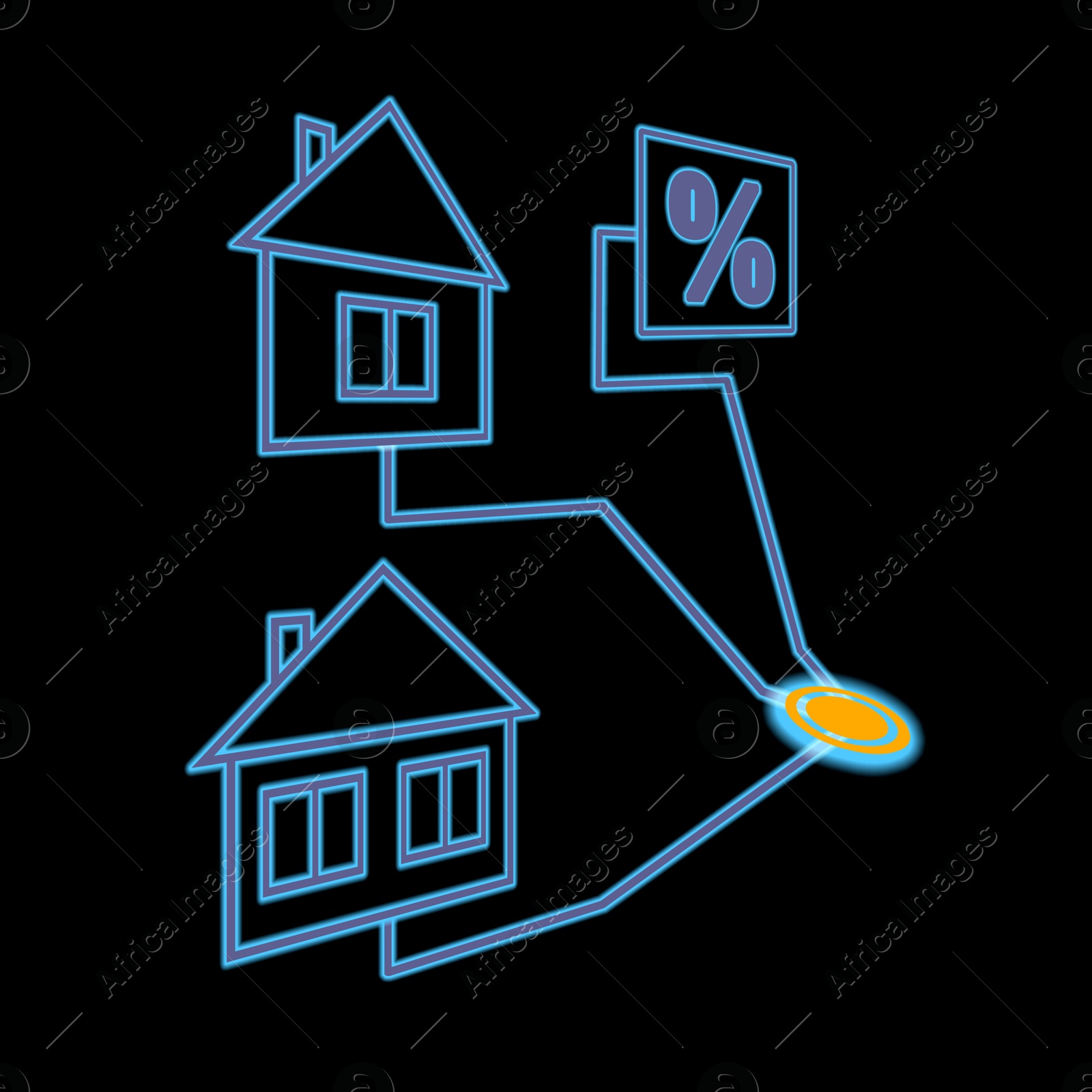 Image of Real estate. Scheme with houses and percent sign on black background, illustration