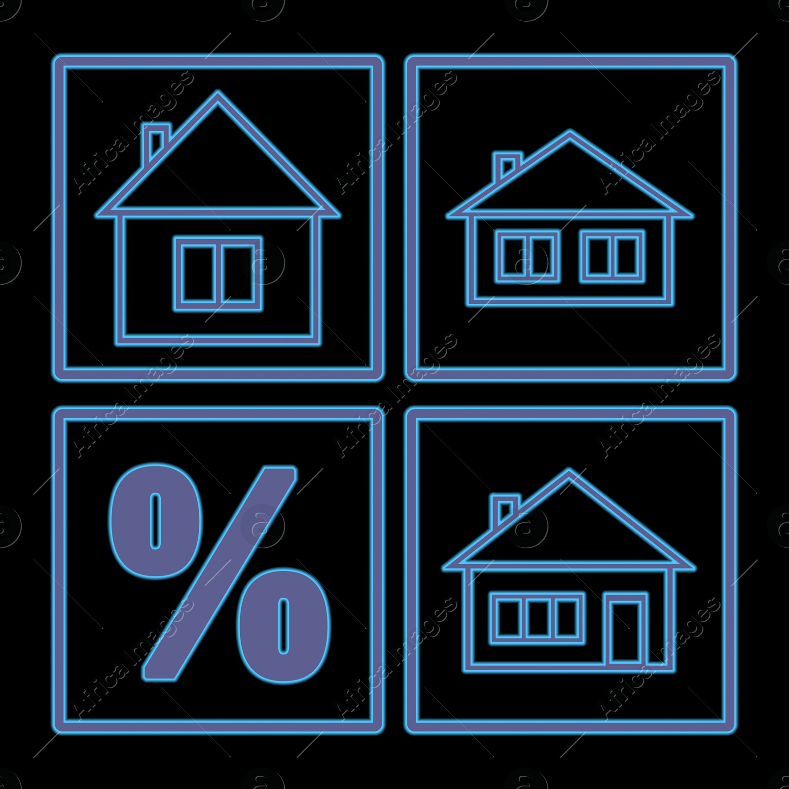 Image of Real estate. Houses and percent sign on black background, illustration