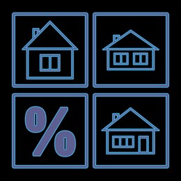 Image of Real estate. Houses and percent sign on black background, illustration