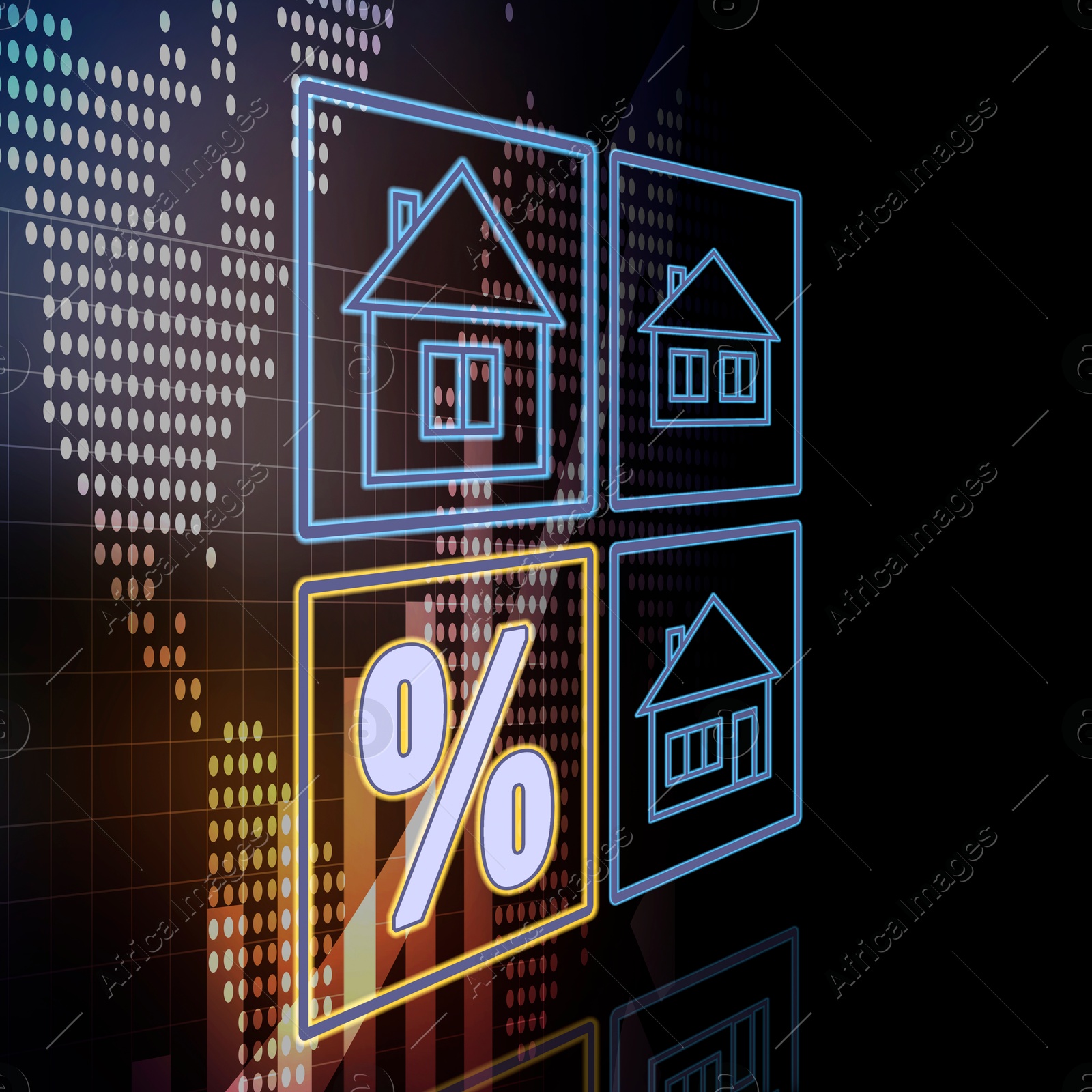 Image of Real estate. Houses, percent sign and world map on black background, illustration