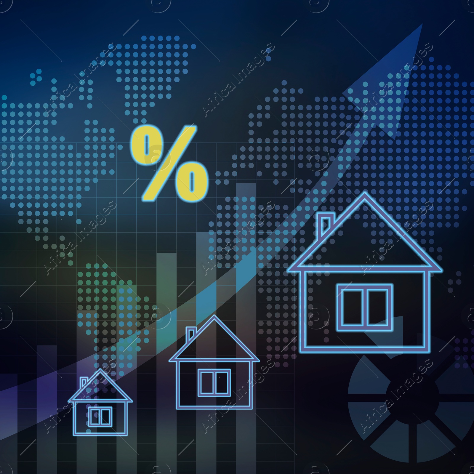 Image of Real estate. Houses, upwards arrow, percent sign, graphs and world map on black background, illustration