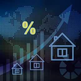 Image of Real estate. Houses, upwards arrow, percent sign, graphs and world map on black background, illustration