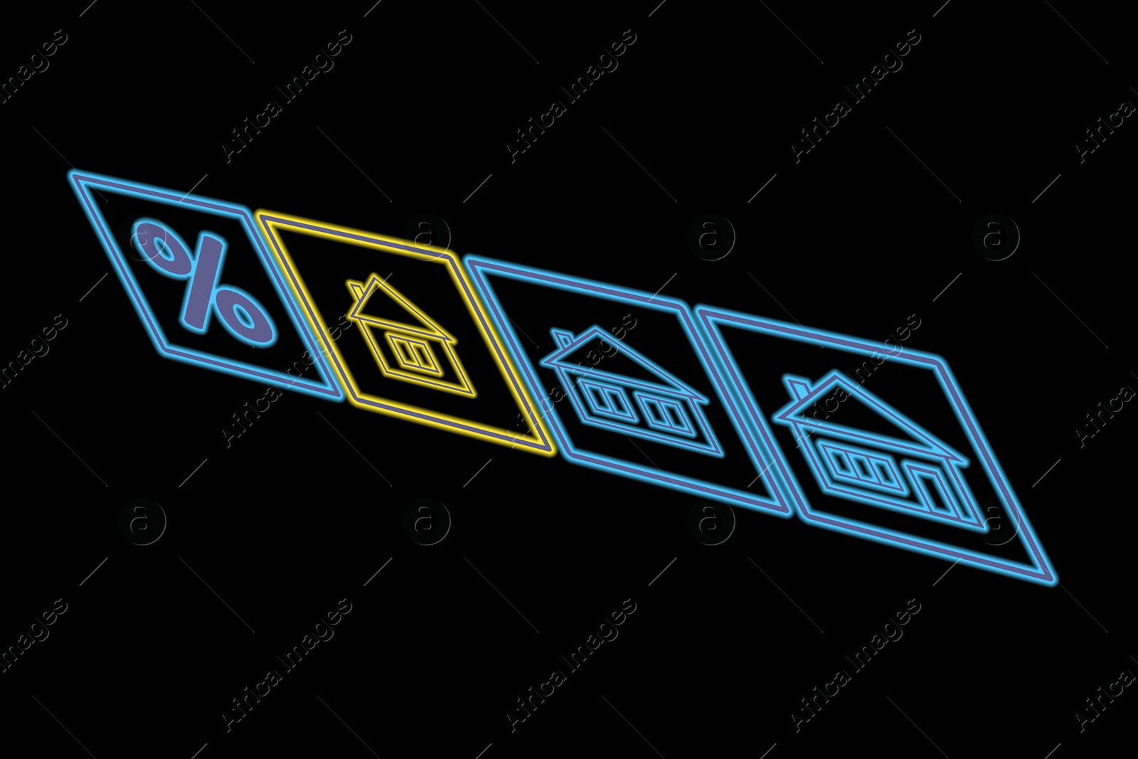 Image of Real estate. Houses and percent sign on black background, illustration