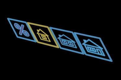 Image of Real estate. Houses and percent sign on black background, illustration