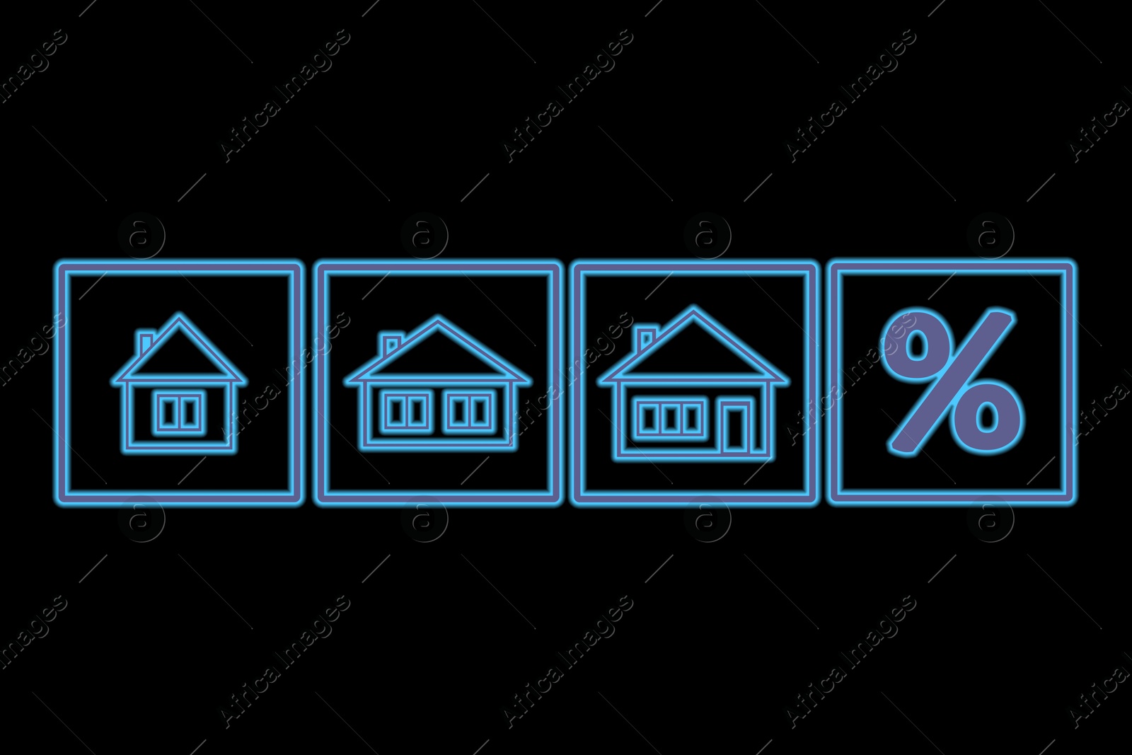 Image of Real estate. Houses and percent sign on black background, illustration